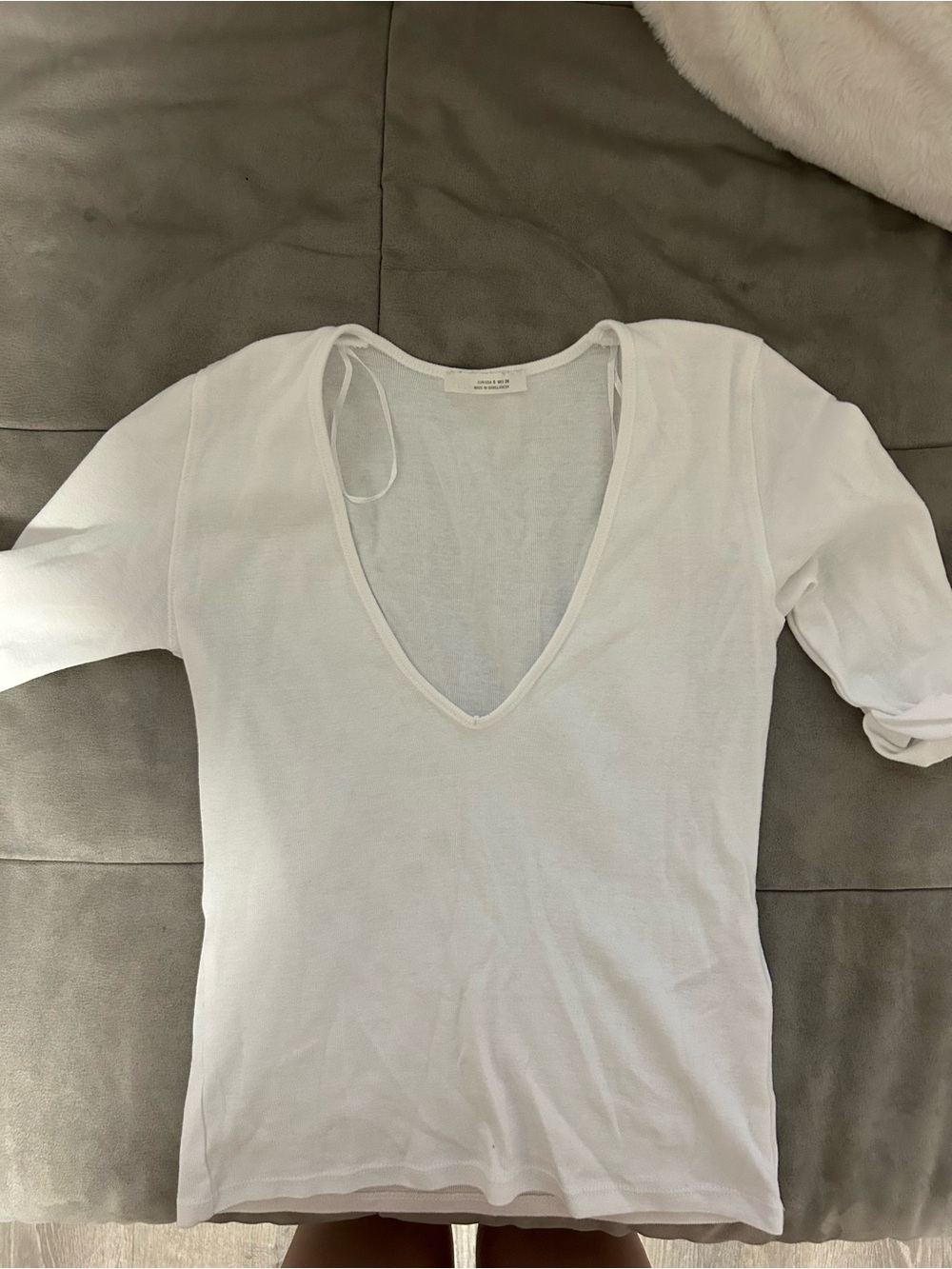 Zara White Deep V Short Sleeve Tee